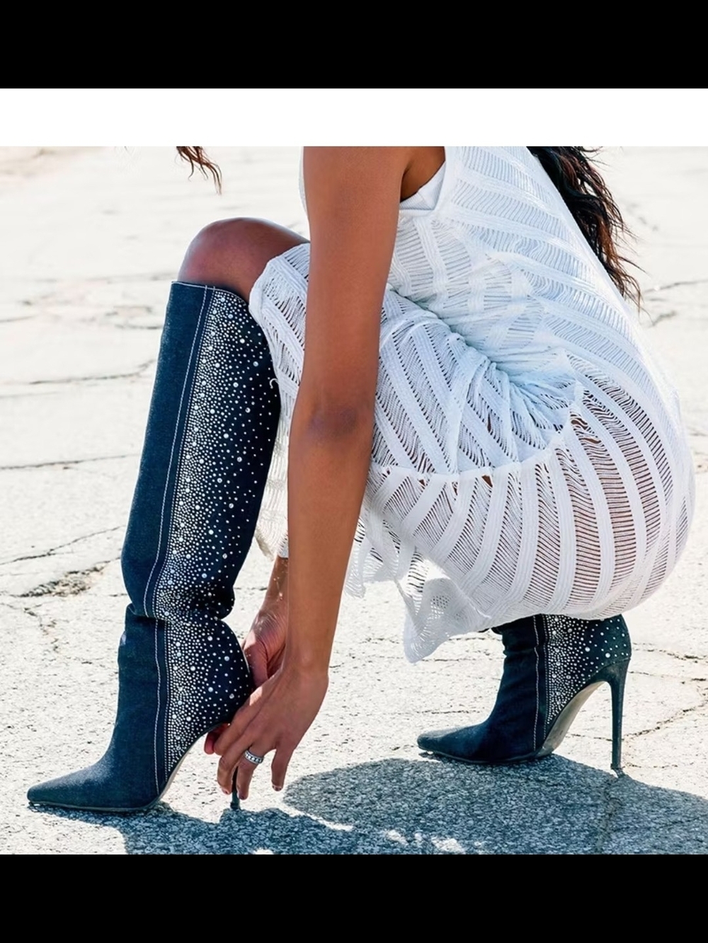 Women's FSJ Dark Denim Rhinestone Embellished High Stiletto Boots